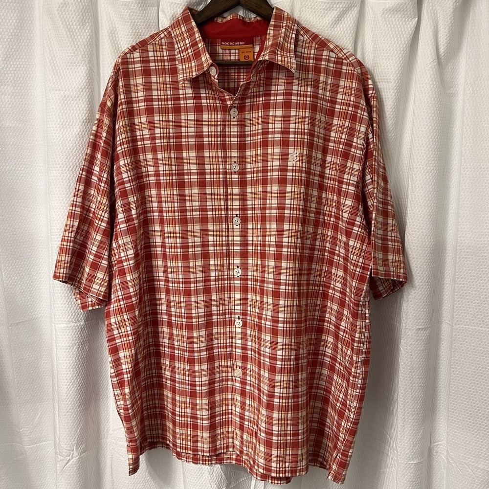 Rocawear Men's 2XL Plaid SS Button Up Shirt Red Yellow Check Hip Hop EXCELLENT